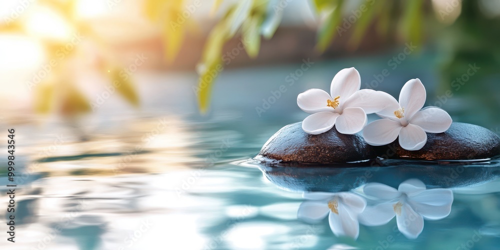 Serene water scene with white flowers resting on smooth stones, reflecting nature's beauty in a calm environment. Serene water scene with white flowers resting on smooth stones, reflecting nature's beauty in a calm environment.