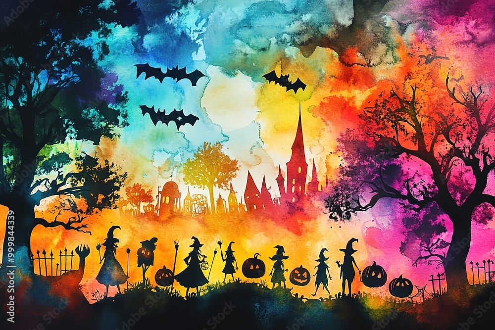 Halloween Spooky Nighttime Scene Horizontal background with bats, full moon, witch castle, evil trees, graves, ghosts. Happy Halloween vector scary design. Halloween banner, party invitation Halloween Spooky Nighttime Scene Horizontal background with bats, full moon, witch castle, evil trees, graves, ghosts. Happy Halloween vector scary design. Halloween banner, party invitation