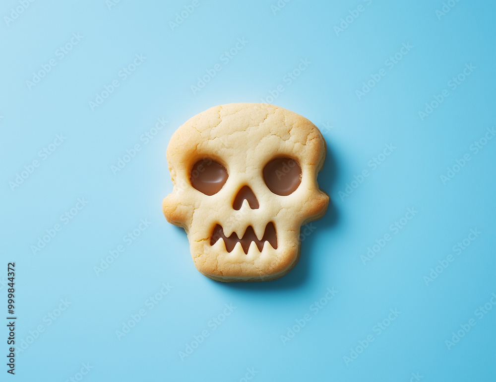 Obraz premium A cookie in the shape and face of an evil skull, against a pastel blue background.Minimal creative Halloween food holiday concept.Copy space,flat lay.