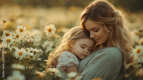 Mother and Daughter Embrace in a Field of Daisies