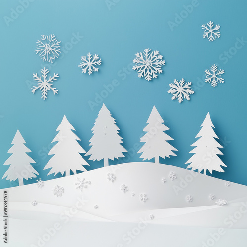 Christmas winter landscape with snow and christmas trees. Flat lay 