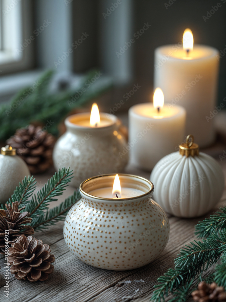 Stylish Christmas candles with ceramic holders and pine decorations, ideal for creating a warm and elegant holiday atmosphere. . Stylish Christmas candles with ceramic holders and pine decorations, ideal for creating a warm and elegant holiday atmosphere. .