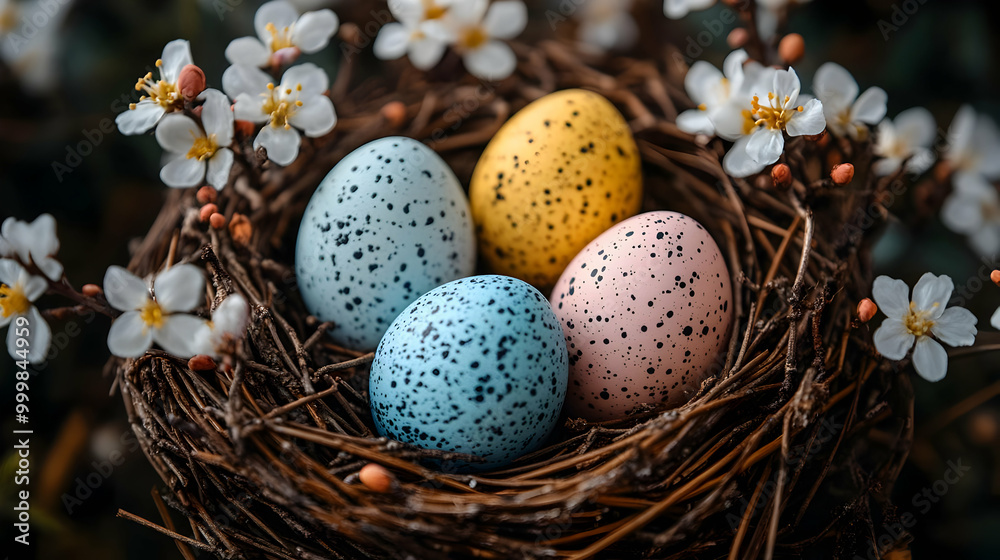 Fototapeta premium Decorative Speckled Easter Eggs Nestled in a Bird's Nest with Delicate White Flowers