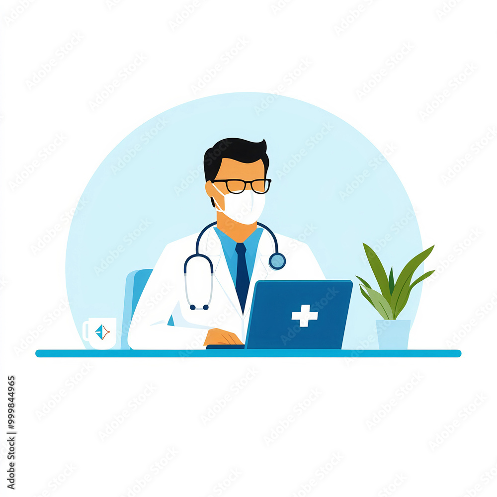 Fototapeta premium Doctor providing virtual care through video conferencing, home healthcare, flat design illustration