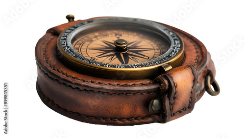 A weathered leather compass is positioned atop a deep black background, highlighting its historical significance and design.
