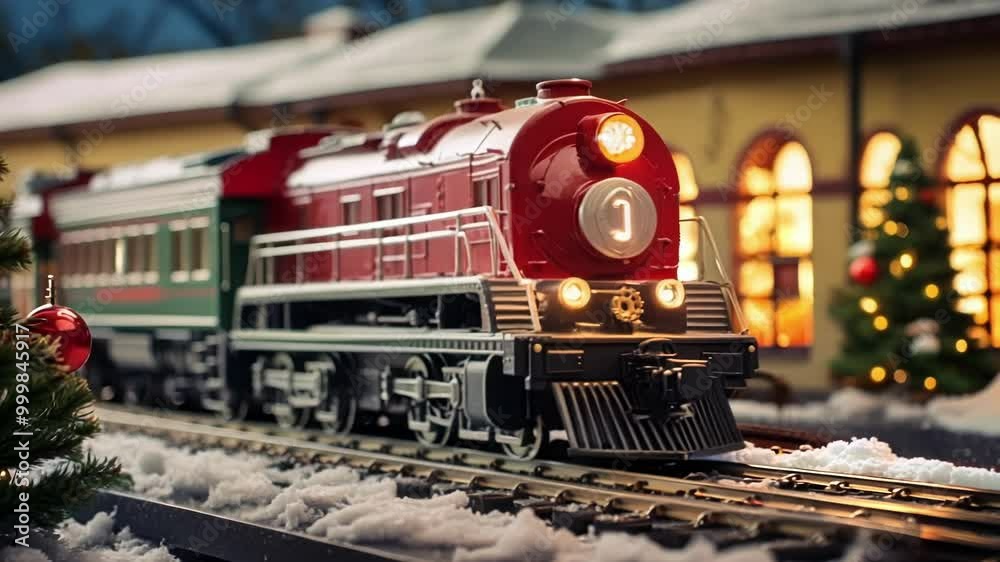 Charming red toy train chugs away from a snow covered station on a magical winter night. Evoking childhood nostalgia and holiday joy