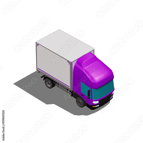 3D Isometric Cargo Truck Photoreal Vector Illustration Modern Violet Cabine and White Van City Delivery Vehicle 4x2 Design for Logistics and Transport Presentation Social Media Video Promo Front Right photo