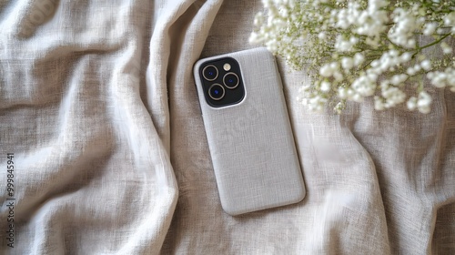 74. A stylish phone case on a neutral fabric background