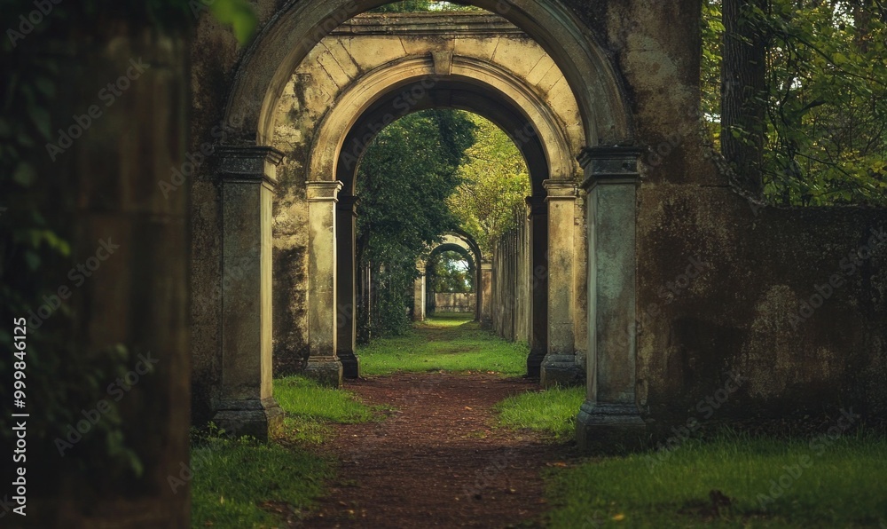 Obraz premium Ancient Stone Archway Path Through Lush Green Forest