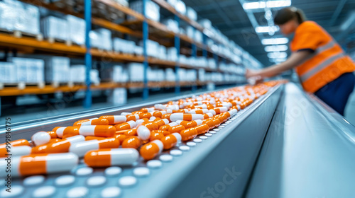 Wallpaper Mural Closeup of medicine capsules in a sleek warehouse setting, emphasizing efficient pharmaceutical distribution and logistics Torontodigital.ca