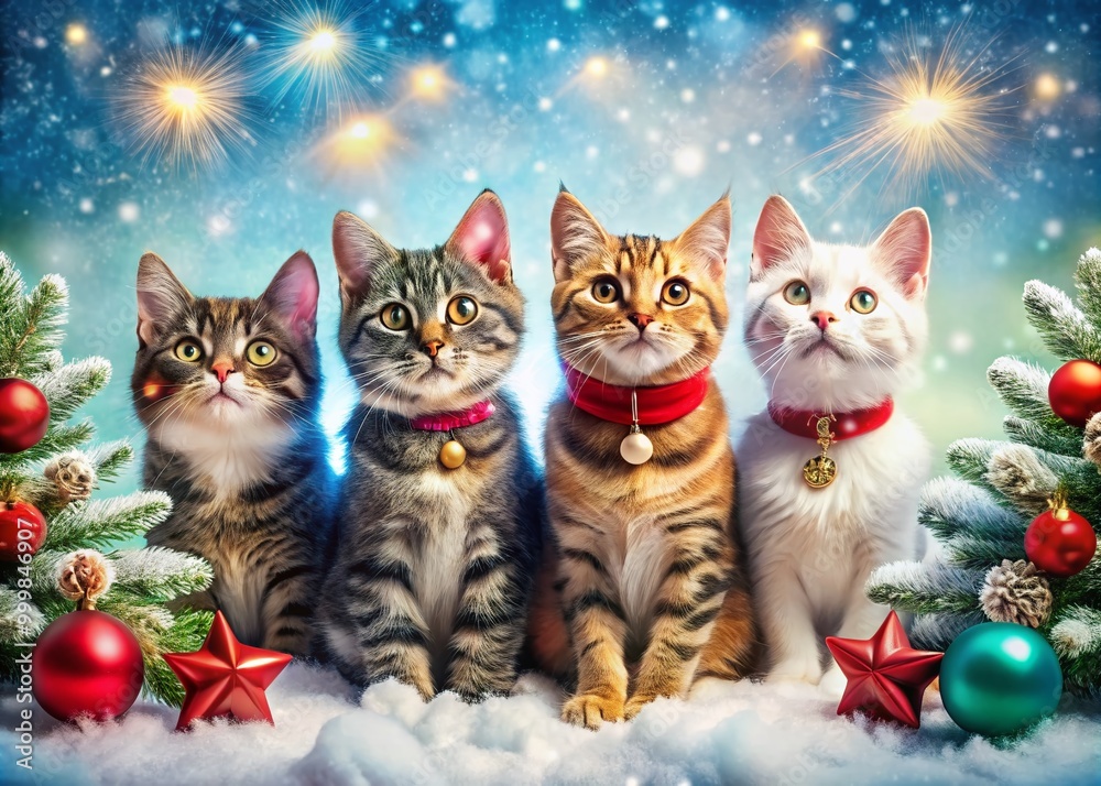 Adorable Cats Celebrating Christmas with Festive Decorations, Snowflakes, and Holiday Cheerful Spirit Adorable Cats Celebrating Christmas with Festive Decorations, Snowflakes, and Holiday Cheerful Spirit