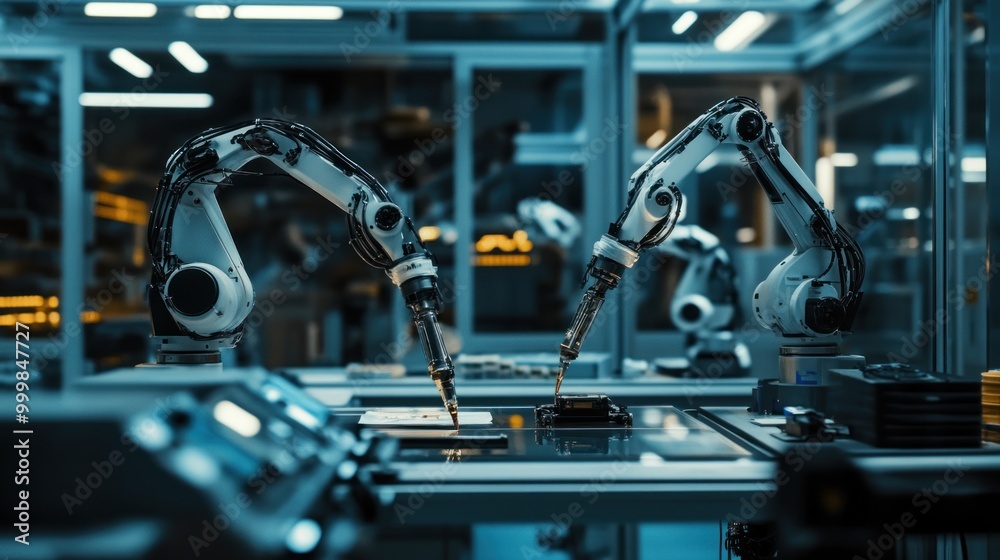 Industrial automation devices, with robotic arms and smart systems designed for efficient production and seamless workflow. Industrial automation devices, with robotic arms and smart systems designed for efficient production and seamless workflow.