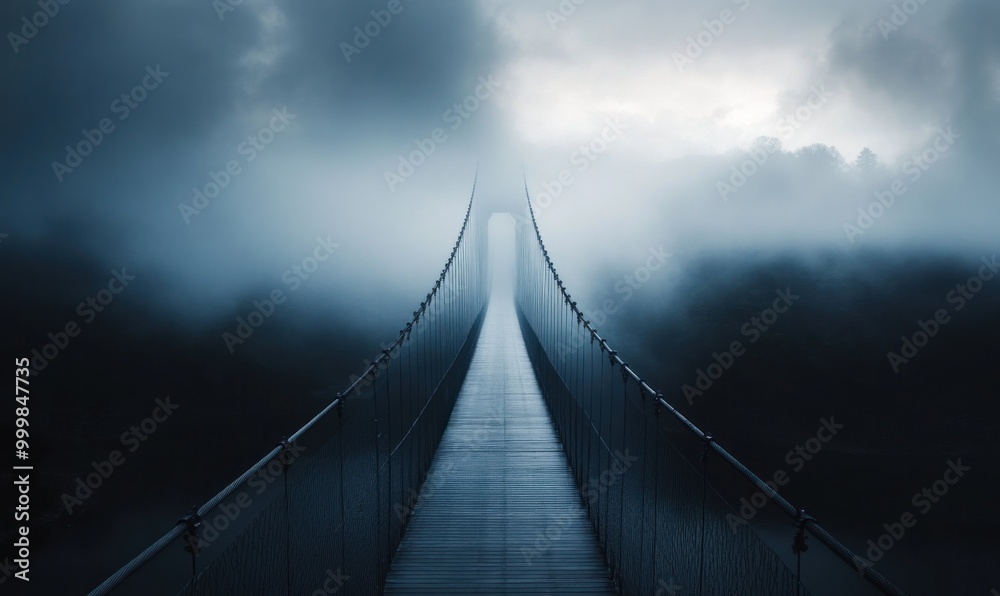 Fototapeta premium Mysterious Foggy Suspension Bridge Scene