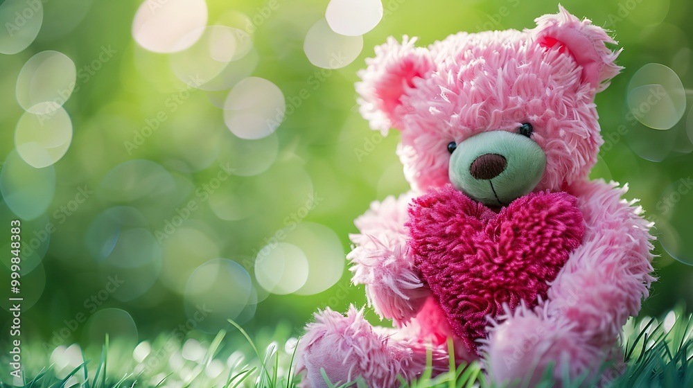 Fototapeta premium Pink teddy bear carries a heart shape with green background