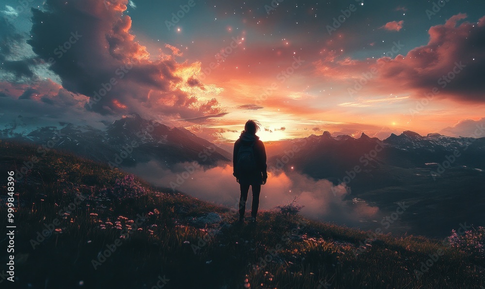 Obraz premium Solo Hiker Admiring Breathtaking Mountain Sunrise