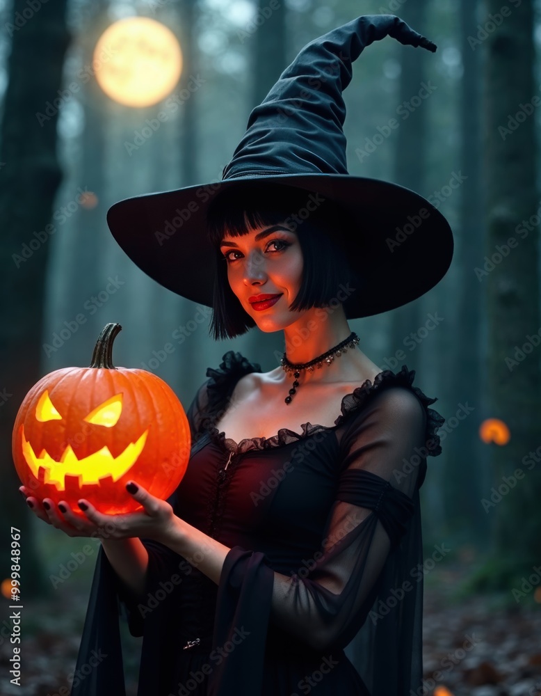 Pretty blonde in a witch costume with Halloween. Pretty blonde in a witch costume with Halloween.