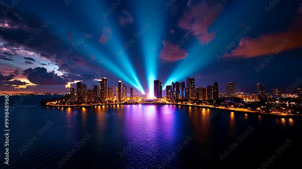 A vibrant cityscape, its lights reflected in water, captured in colorful beams of energy. A vibrant cityscape, its lights reflected in water, captured in colorful beams of energy.
