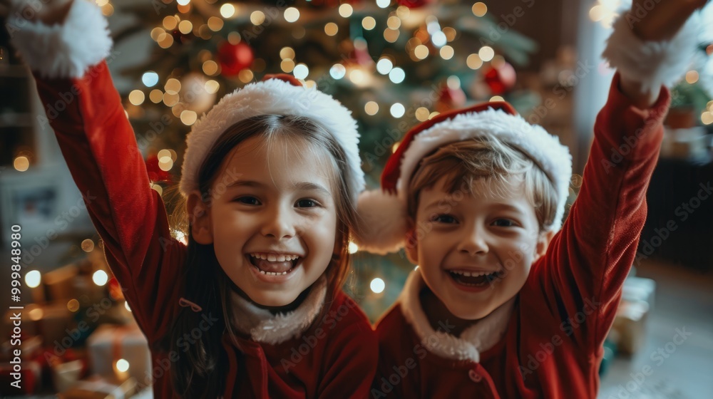 A happy warm family, happy kids dress in Santa Claus costume have a Christmas and new year eve celebration party at home. 