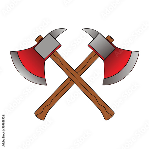 Vector illustration of crossed axes with woodgrain texture and metallic red blades for emblem designs.