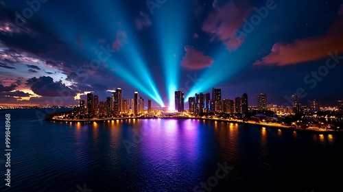 A vibrant cityscape, its lights reflected in water, captured in colorful beams of energy.