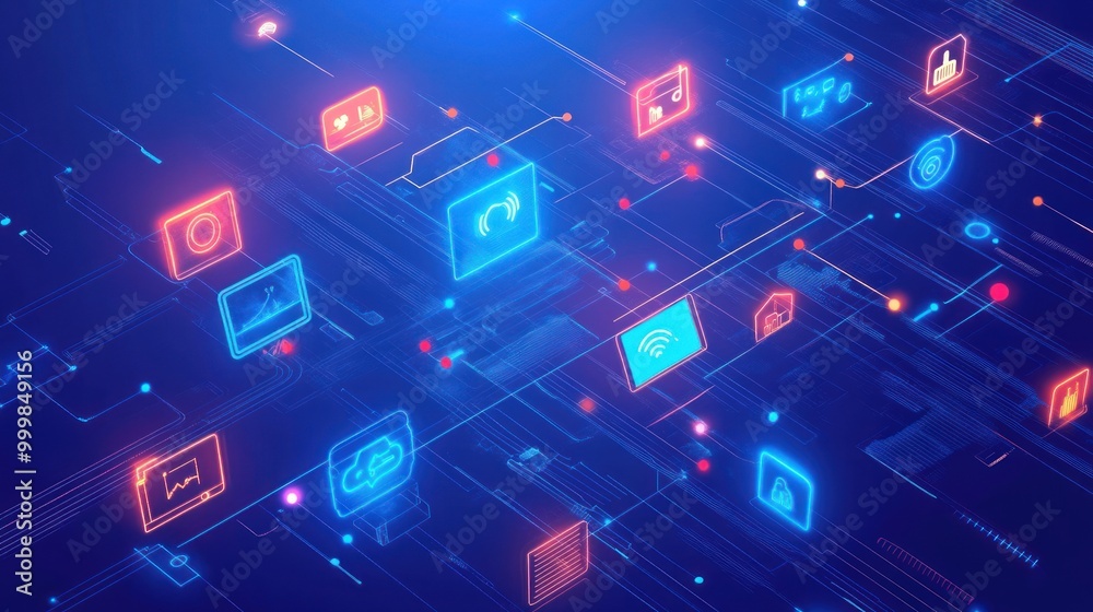 Internet of Things (IoT) network with smart devices interconnected, visualizing seamless data transfer and control. Internet of Things (IoT) network with smart devices interconnected, visualizing seamless data transfer and control.