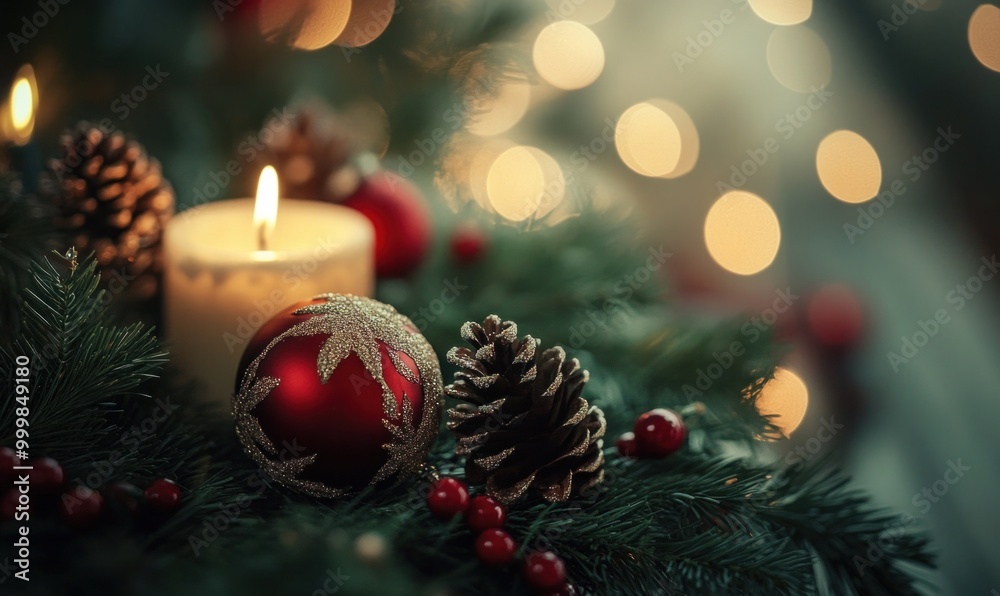 Christmas Candle and Ornaments on Bokeh Background Christmas Candle and Ornaments on Bokeh Background