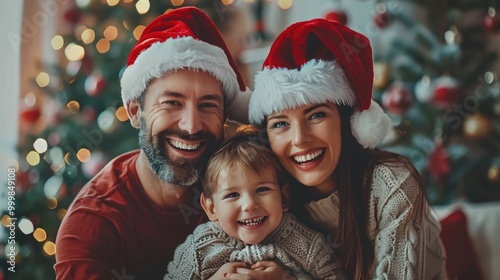 A happy warm family, father mother, and kids have a Christmas and new year eve celebration party at home. 