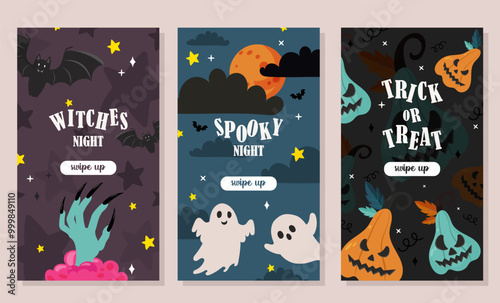 Halloween social media template set of vertical banners for stories, invitation in flat modern style. Cute illustration with pumpkin, spook bat, hand, text. Cartoon style
