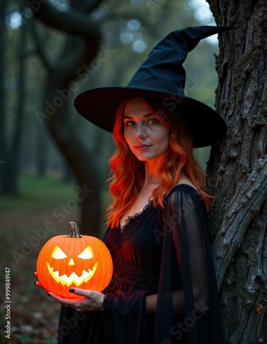 Pretty blonde in a witch costume with Halloween.