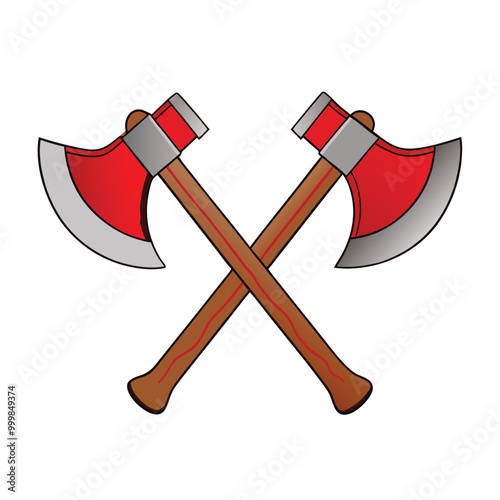 Vector illustration of crossed axes with woodgrain texture and metallic red blades for emblem designs.