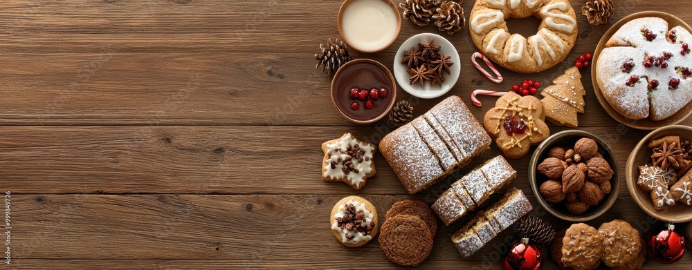 A delightful assortment of festive cookies and pastries arranged on a wooden table, perfect for holiday celebrations. A delightful assortment of festive cookies and pastries arranged on a wooden table, perfect for holiday celebrations.