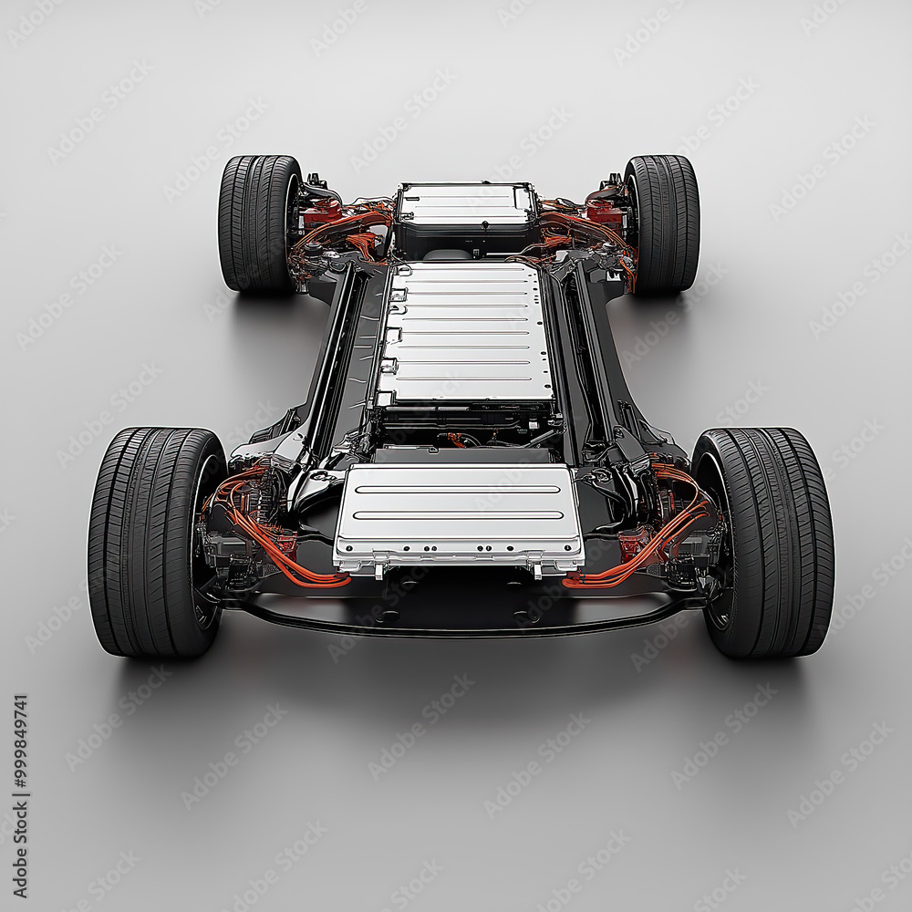 Electric Car with lithium ion battery assembly production Line with pack of battery cells module on platform.
