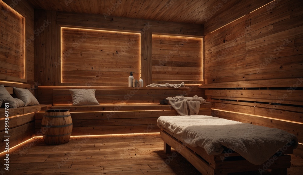 Wooden sauna with soft lighting and comfortable seating arrangement. Wooden sauna with soft lighting and comfortable seating arrangement.