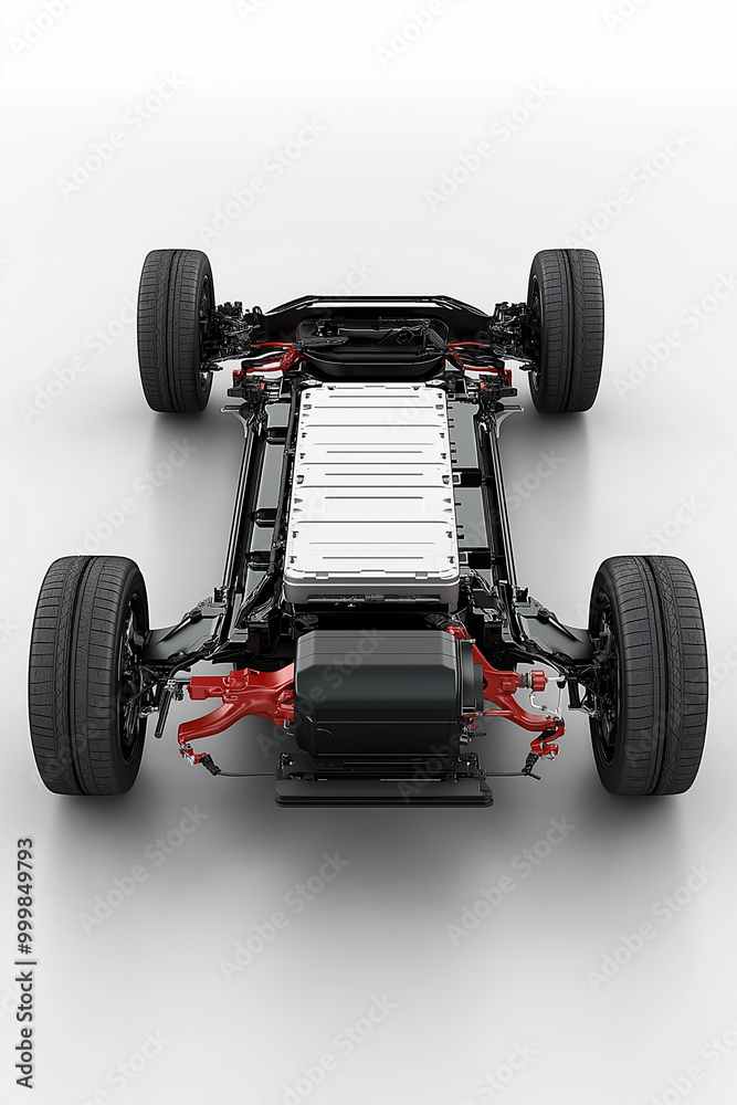 Electric Car with lithium ion battery assembly production Line with pack of battery cells module on platform. Electric Car with lithium ion battery assembly production Line with pack of battery cells module on platform.