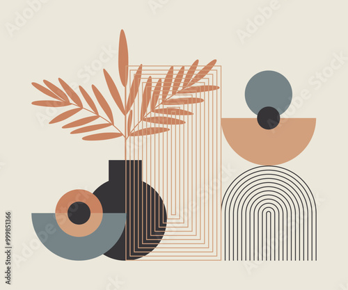 Estetyczna nowoczesna kompozycja z abstrakcyjnym elementem botanicznym, geometrycznymi kształtami. Ilustracja wektorowa do wykorzystania dla sztuki ściennej, tapet, dekoracji, wystroju wnętrz.