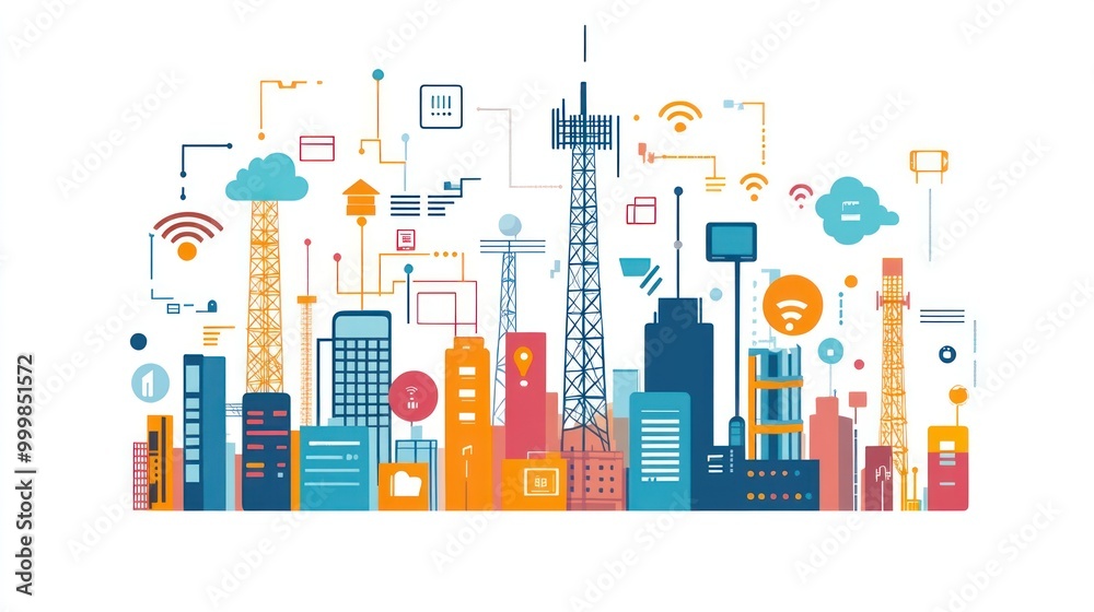 Mobile communication with icons of smartphones, tablets, and towers, illustrating efficient global connectivity. Mobile communication with icons of smartphones, tablets, and towers, illustrating efficient global connectivity.