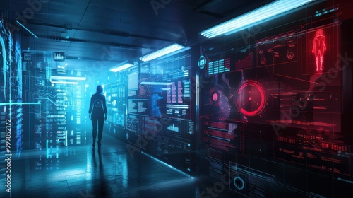 Futuristic Data Center with Female Figure