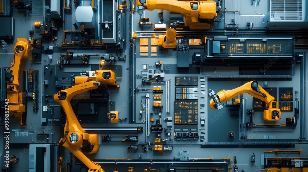 A factory with robots and people working. The robots are yellow and the people are white. Scene is industrial and futuristic A factory with robots and people working. The robots are yellow and the people are white. Scene is industrial and futuristic
