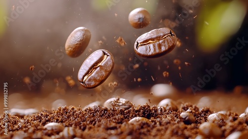 Floating coffee beans above ground coffee granules in a warm, inviting setting.