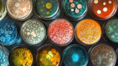 Petri dishes arranged in a mosaic, each dish containing a unique bacterial colony, creating an evolving, colorful artwork that changes over time. photo