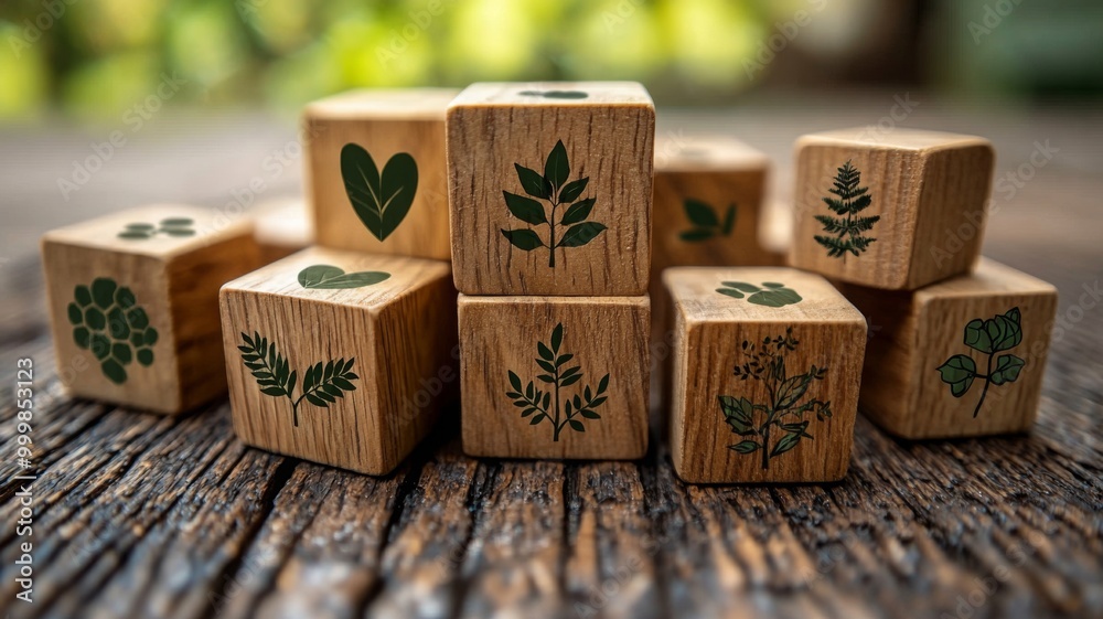 Wooden Blocks with Leaf Designs on Rustic Surface Wooden Blocks with Leaf Designs on Rustic Surface