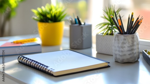 55. A designer notebook on a stylish desk with stationery