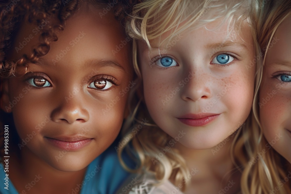 Three diverse children, a black girl with curly hair and brown skin Three diverse children, a black girl with curly hair and brown skin