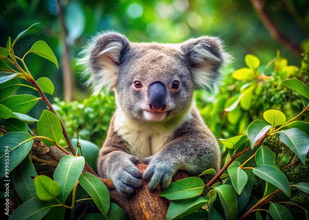 Fototapeta premium Adorable Koala Sitting Comfortably in a Tree Surrounded by Lush Green Leaves in Natural Habitat