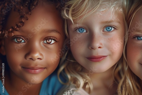 Three diverse children, a black girl with curly hair and brown skin