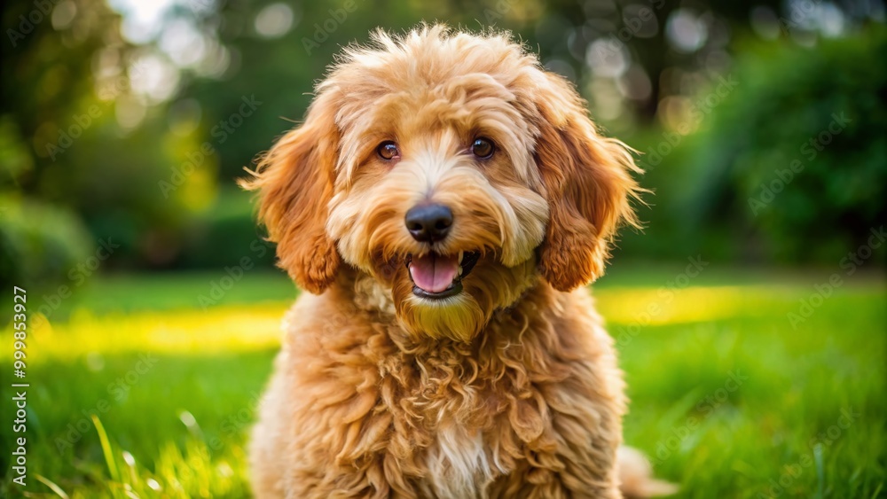 Adorable Mini Goldendoodle Dog Sitting on Grass with Playful Expression and Fluffy Fur Coat Adorable Mini Goldendoodle Dog Sitting on Grass with Playful Expression and Fluffy Fur Coat
