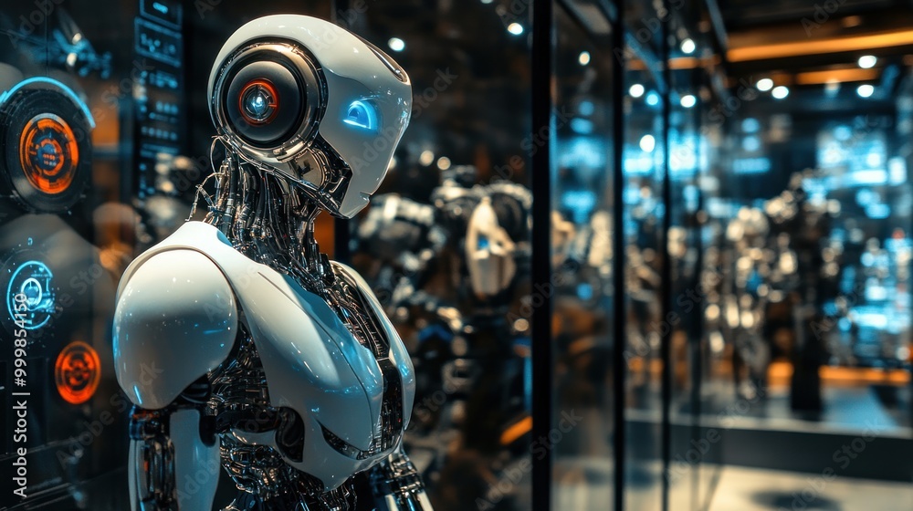 Robotics display with humanoid robots, mechanical arms, and intricate gears, showcasing advanced automated machines.
