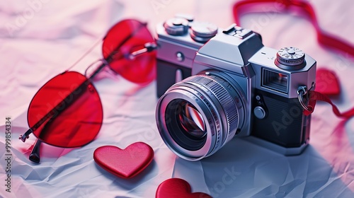 Silver colored point and shoot film camera and heart shaped red sunglasses photo