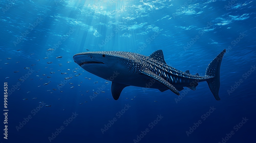 Fototapeta premium A majestic whale shark glides through deep blue waters, surrounded by smaller fish, showcasing marine life beauty.
