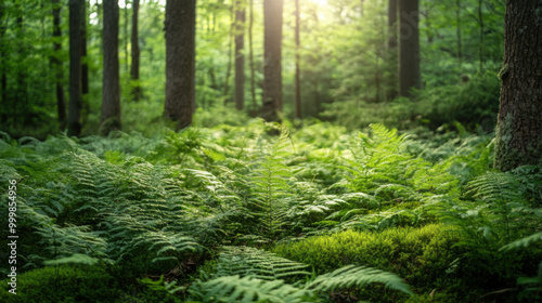 Lush green ferns and moss covering the forest floor in a tranquil, shaded woodland